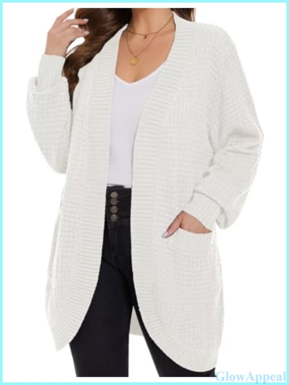 Plus Size Open Front Cardigan Waffle Knit Long Sleeve Sweater with Pockets